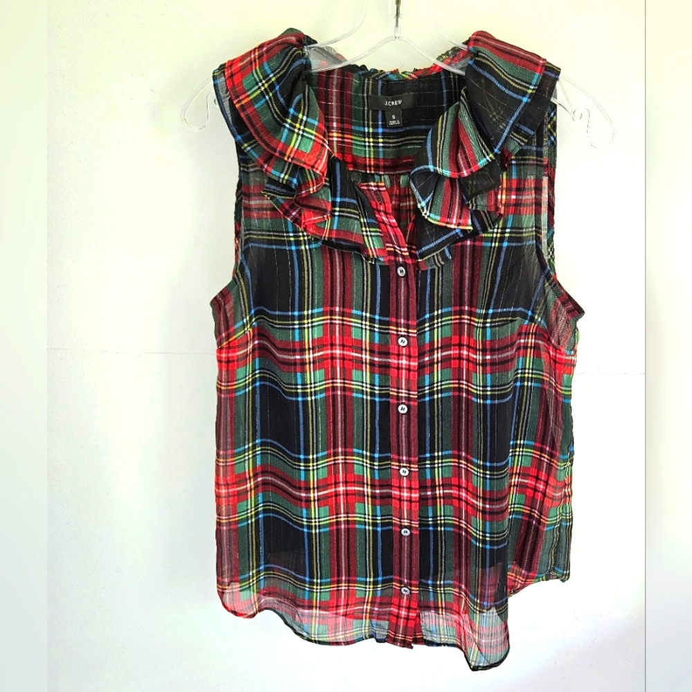 J. Crew Tartin Plaid Sleeveless Ruffle Blouse